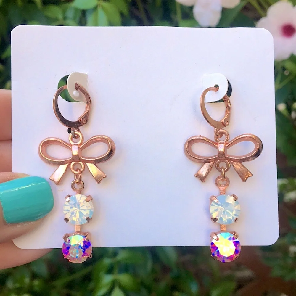 White Opal + Aurora Borealis Crystal Rose Gold Bow Earrings